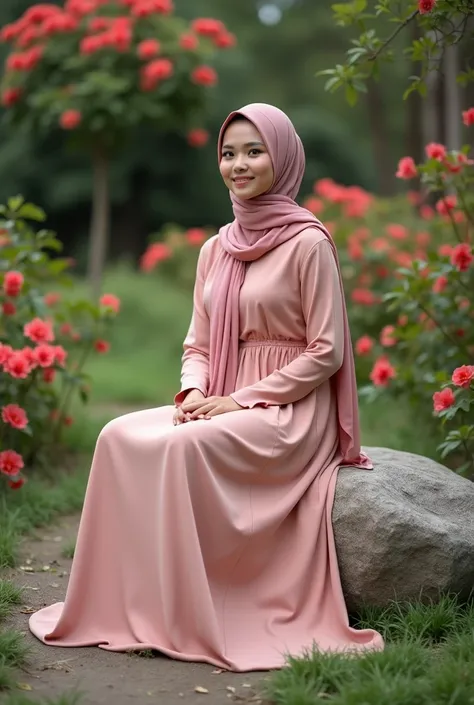 
 Full shot of a beautiful and graceful woman sweet clean chubby face white make up natural original Indonesia wearing long Abaya dress and long sleeves color rosegolhijab according to dress,  sitting on a boulder pose cross-legged hands sideways , bougenv...