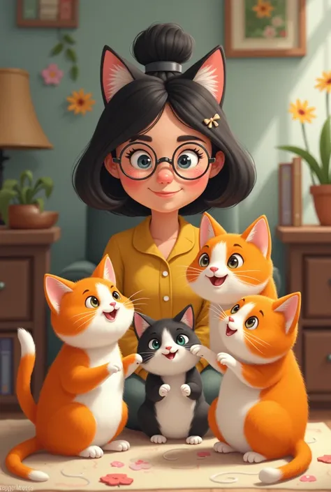 They are 4 cats and the woman wears glasses 