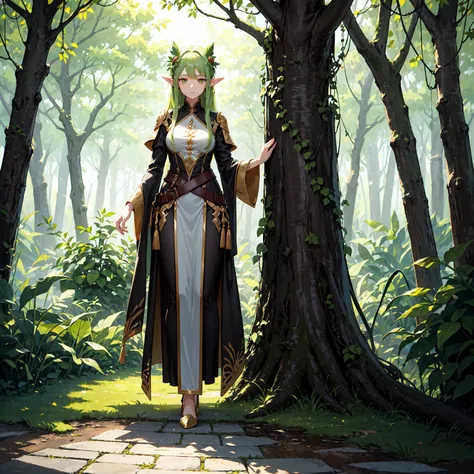 (((Masterpiece, best quality, high detailed, 16k))) (1girl) A tall, slender elf with flowing green hair resembling leaves in the breeze. Her golden eyes shimmer like sunlight through the trees. She wears a leather armor adorned with shifting leaves and vin...