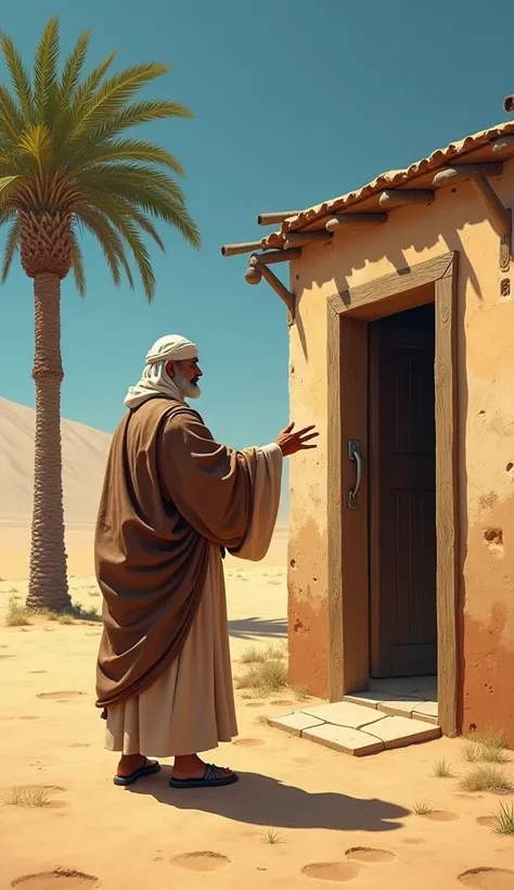 Seorang pria muslim arab kuno,  is knocking on the door of a simple house, against the background of palm trees and desert 