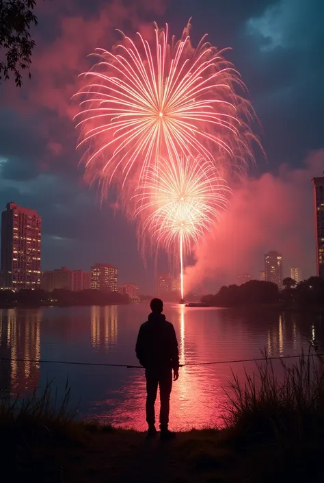  A person tied to a large firework, by the lake, with a view of the fireworks in the sky between tall buildings, dark nuances. Size 1:1