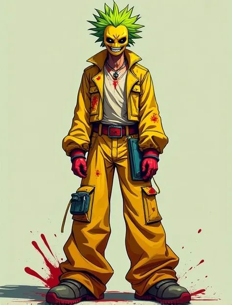  Smiley is a tall, thin man ,  with fluid and agile movements . Her yellow plastic mask flaunts a disturbing smile that dominates her face with blood.,  creating an unsettling and threatening appearance .  He wears colorful and flamboyant clothes , Bloody ...