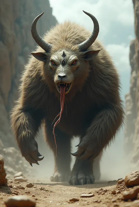 An animal with three eyes, thick hair, a long tongue, and two horns that walks on its belly 