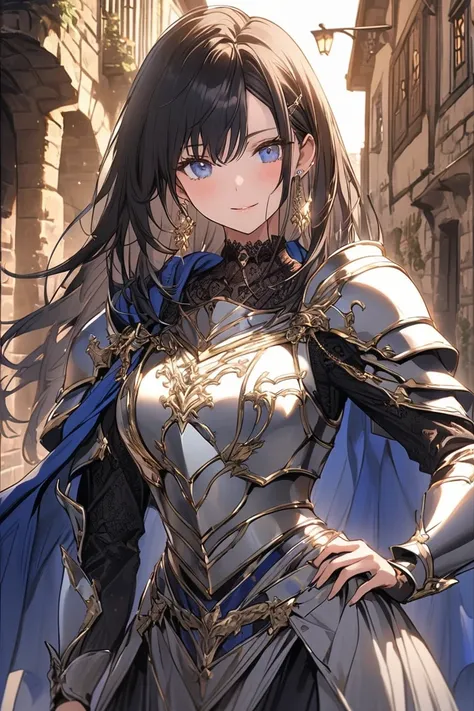 A stunning female character with shoulder-length straight hair, featuring a gradient of blue at the tips, and striking blue eyes. She is dressed in a noble knight’s cosplay.
Her outfit includes a silver suit of armor adorned with elegant engravings, paired...