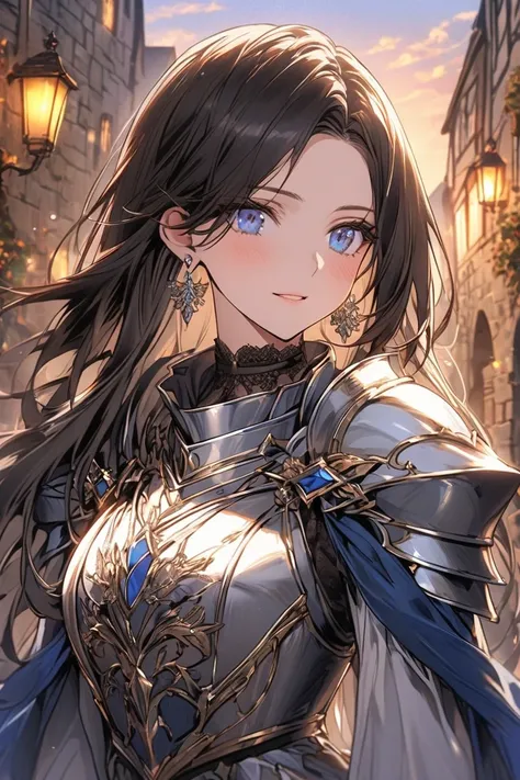 A stunning female character with shoulder-length straight hair, featuring a gradient of blue at the tips, and striking blue eyes. She is dressed in a noble knight’s cosplay.
Her outfit includes a silver suit of armor adorned with elegant engravings, paired...