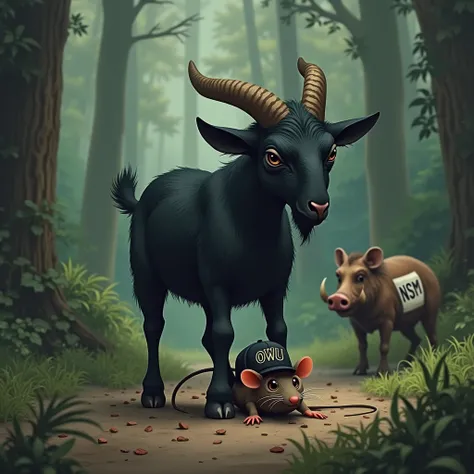 Little black goat that crushes a mouse with its ass the mouse is wearing a cap with the initials owu There is a warthog with an NSM armband in the background a forest 