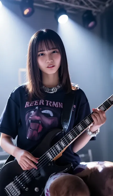 She is wearing a Tee with a large print of her favorite  cute black devil girl,  super real ,  Photorealistic,  dramatic scene , shadow, Global Illumination, Alone, (  a famous Japanese idol girl who is 20 years old but a punk rock guitarist  :1.5),   a ve...