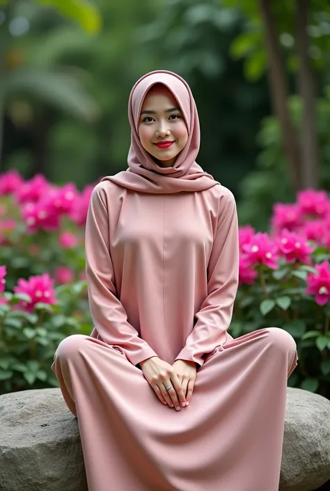 
 Full shot of a beautiful and graceful woman sweet clean chubby face white make up natural original Indonesia wearing long Abaya dress and long sleeves color rosegolhijab according to dress,  sitting on a boulder pose cross-legged hands sideways , bougenv...