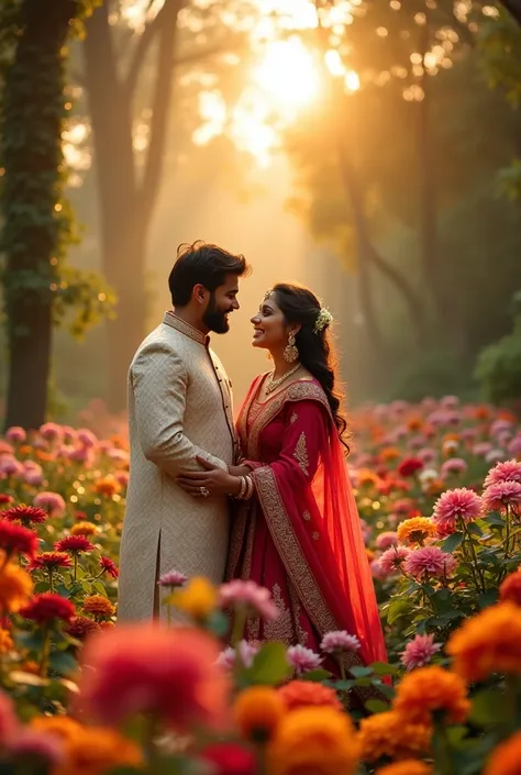 Indian couple in beautiful flowers garden with sunrise  wide angle shot