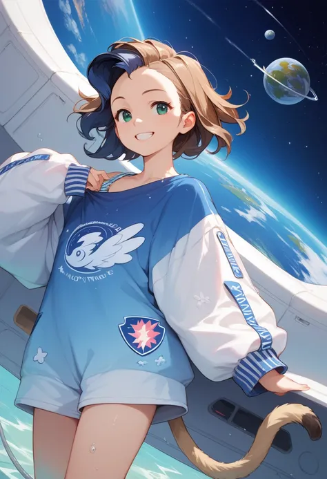 8k, (score_9, score_8_ up, score_7_ up),  top quality , masterpiece,  source_Anime, space,  Milky Way,  one woman alone , Oversized jersey, smile,  brown hair, Very short row twine tail, Swimming the crawl