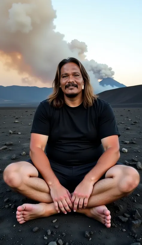 Front view, slightly fat man with long straight hair, clean face, black t-shirt, black shorts down to his knees without shoes, sitting casually on the barren ground facing the front camera, on the left you can see crater smoke, on the edge of the mountain ...