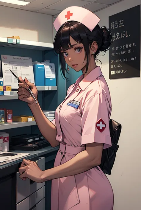 women in her 20s of with dark short hair and dark skin tone. She is a nurse. she sometimes does odd jobs at the local clinic. Friendly, outgoing, and ambitious