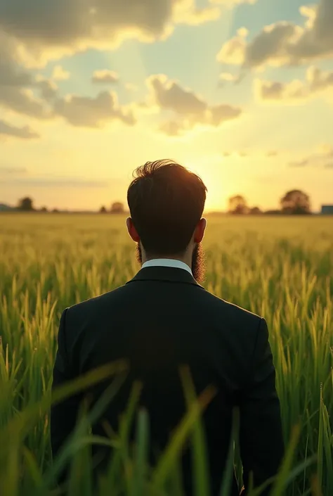 An image of the back of Imam Mahdis head in a lush plain 