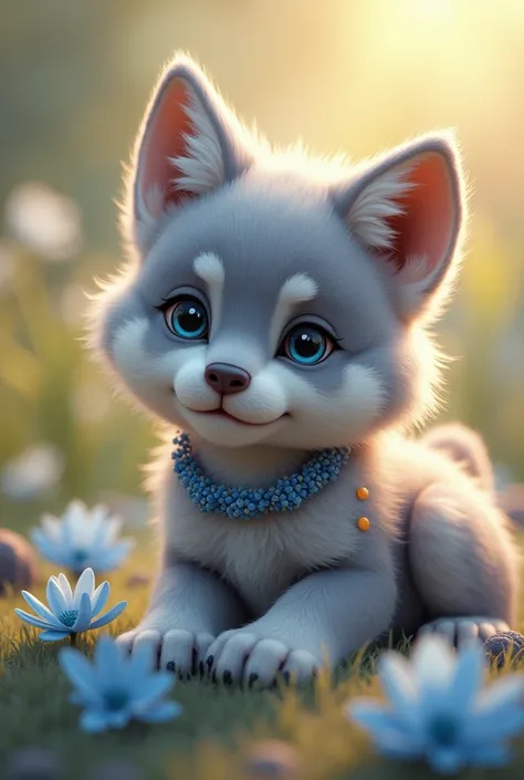 a cute gray wolf pup with some orange spots on its fur, full body, lying down, with blue flower necklace and lilies, realistic, 3D