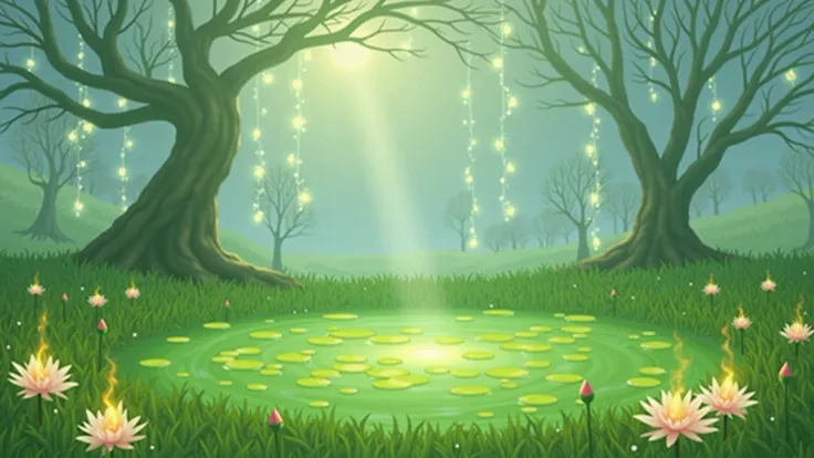 a lake with lights in the branches in a field, magical lake , fantasy lake , magic lake , background artwork, warm fantasy lighting, background art, a lake at a sunset, glowing lights! digital painting, gorgeous art, beautiful art, the lake of life, a beau...