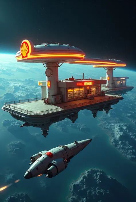 A gas station branded with Shell signage orbiting the Earth On a self-propelled platform with a canopy of four oxygen chargers while a spaceship is parking and a convenience store with neon signs 