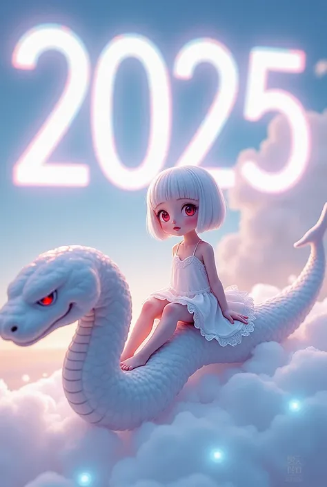 A giant iridescent plasma light spells out "2025" in cool font, Manga style, cute girl riding on the head of a giant cute white snake, white short hair, white frilly camisole dress, red eyes, images of world of iridescent pure white, everything is iridesce...