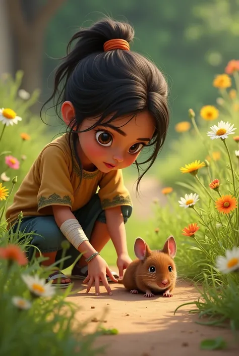 A small, brown rat with a bandaged paw lying on the ground in front of a young girl named Meera, looking concerned as she kneels down to help him. The scene is set in a village with grass and flowers."
