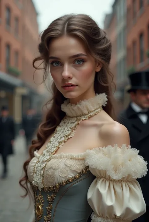 Create a young woman with brown hair and blue eyes wearing 19th century London the dress