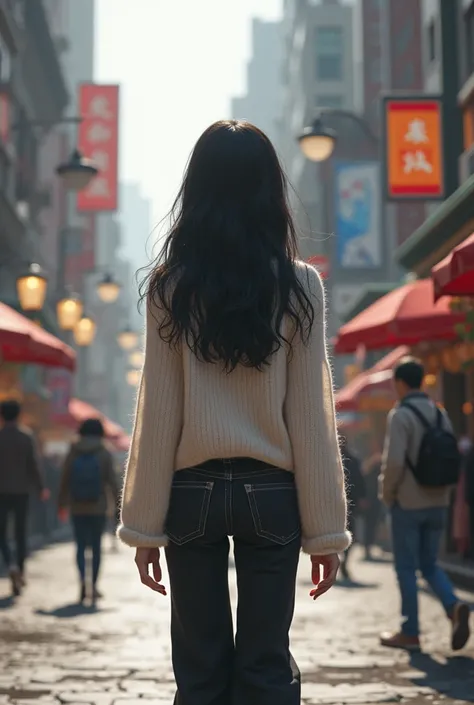 a 5 7 girl with long black hair wearing white sweater and black wide leg jeans walking away in street