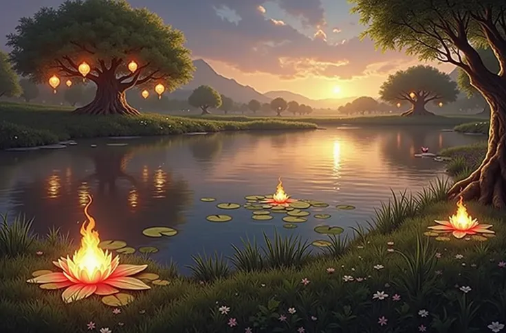 a lake with lights in the branches in a field, magical lake , fantasy lake , magic lake , background artwork, warm fantasy lighting, background art, a lake at a sunset, glowing lights! digital painting, gorgeous art, beautiful art, the lake of life, a beau...