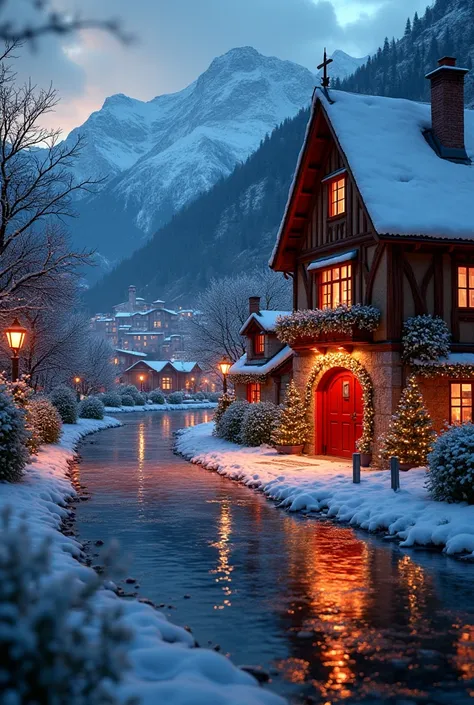  A small town by the river, mountains in the background,  colorful floral flowers ,  detailed Christmas landscape ,  beautiful Fire Department ,  lighting of Christmas lights and snow , Last night beautiful ,  warm colors , practical, Photographic, detaile...