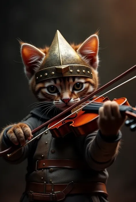 Masterpiece, best quality, high quality, Hi-Res, realistic, RAW photos, highly detailed CG unified 8K wallpaper, dramatic lighting, volumetric light, a kitten wearing armor and a helmet playing the violin, focus on the violin as a beautiful work of art, si...