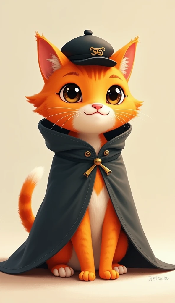 The orange cat wears a long cape with black peci typical of the archipelago,  Pixar style