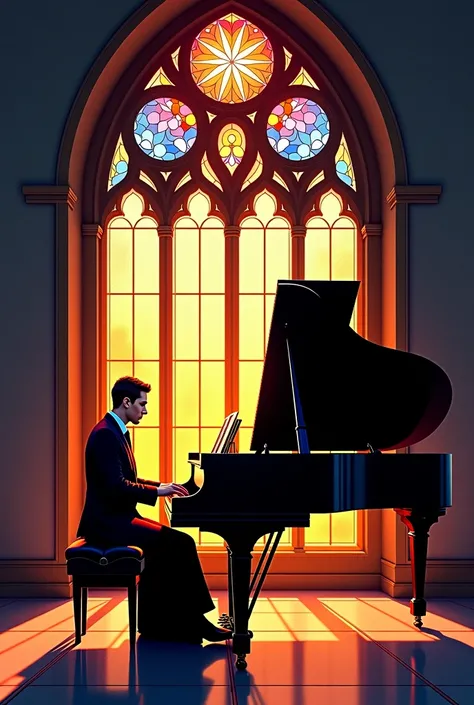 a painting of a grand piano in front of a  stained glass window,  stained glass style,  stained glass art, maxim verehin  stained glass,  stained glass,  stained glass, glowing  stained glass backdrop, backlit  stained glass, Brilliant Composition ,  stain...