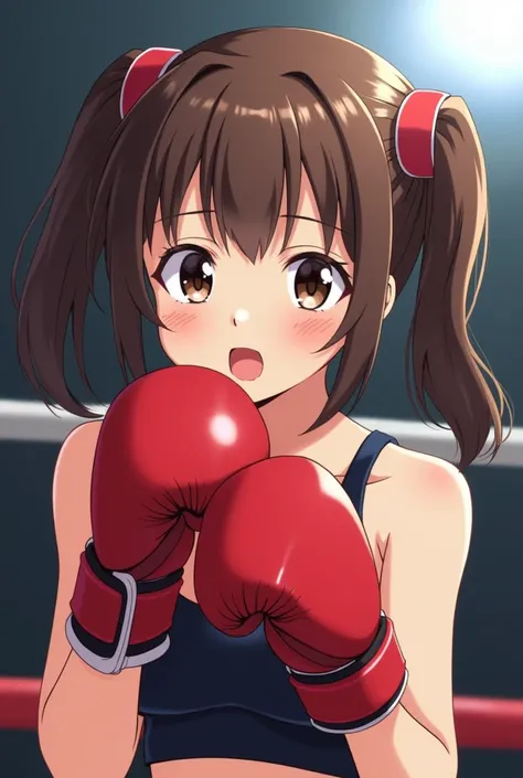 (Amazing. Very high quality. Very beautiful. Very detailed. Super high resolution. Perfect anatomy. Like a movie scene.) Vibrant colors. Japanese anime style. Cel animation. A girl boxer sits backwards on the face of a female boxer she has just defeated, l...