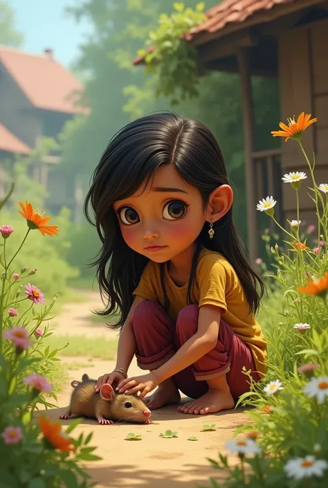 A small, brown rat with a bandaged paw lying on the ground in front of a young girl named Meera, looking concerned as she kneels down to help him. The scene is set in a village with grass and flowers."
