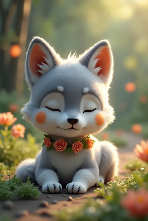 a cute gray wolf pup with some orange spots on its fur, full body, sleeping lying down, side view, with flower necklace, realistic, 3D