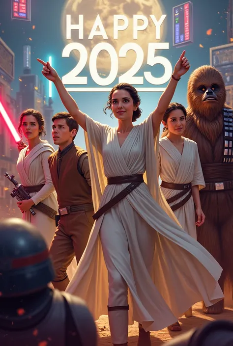  Create Star Wars-themed image,  to include the characters Rey , finn, Princess Leia, Kylo Ren,  Han Solo and Chewbacca ,  with the message  "Happy 2025 to everyone !"