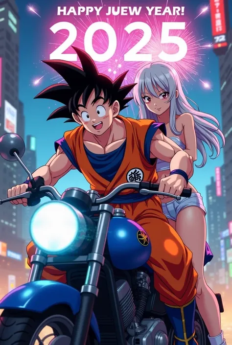 anime Goku happy face and sexy Bulma happy face riding motorcycle at cyberpunk city with celebrate "Happy New Year 2025!"