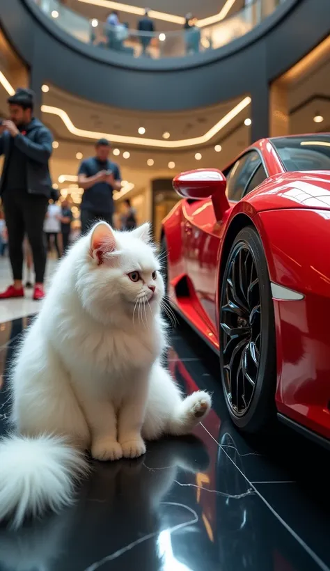 ( photorealism :9.16),  A beautiful baby with adorable white skin,  nasolabial,  long shiny black hair , wearing cool and fancy clothes , sit in front of a red Lamborghini car of the black variety in the center floor atrium of a luxurious and magnificent s...