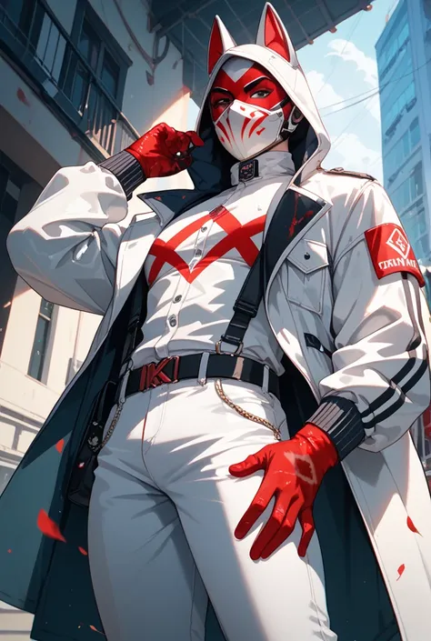  masked man,  a white rockey mask with a blood hand mark in the middle of it.  Her clothes are a white jacket and white pants . A red look through the mask  