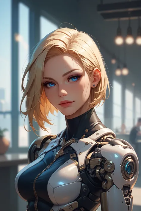 Cyborg girl, mechanical arm, pretty girl, details on the face, The atmosphere behind is blurred, There is a seam on the front. 