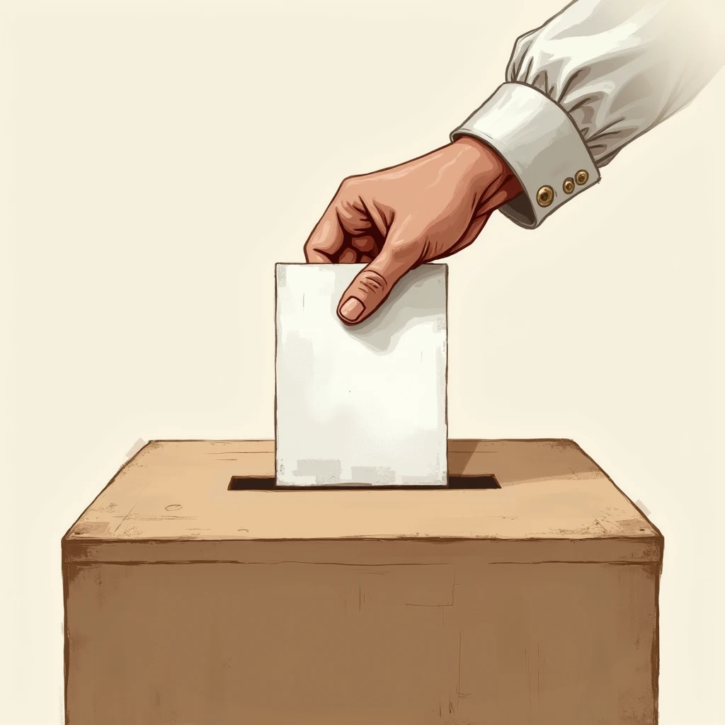 Illustration of a hand inserting a ballot paper into a voting box