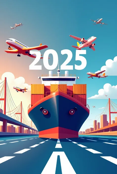 Create an image happy new year 2025 Facebook post for freight forwarding company name of portlink shipping &Co. Use the image vessel, air & road transport services.