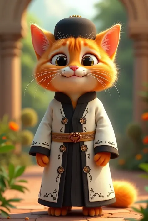 Orange cat wears Islamic white coco robe with black peci typical of the archipelago,  Pixar style