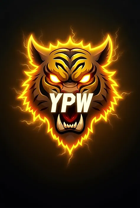 Design a vibrant 3D gaming logo: a fierce yellow monster tiger with a captivating glow. Place “YPW” in bold white at the center, radiating intensity, and position below for a luminous touch. Convey power and excitement in a dynamic visual.