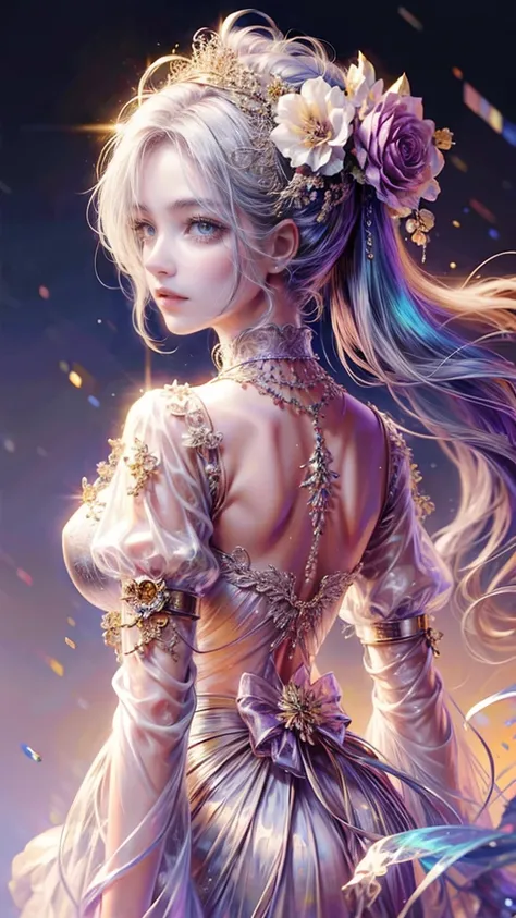  masterpiece，Look at the audience, Max Resolution ，((The Moon))， wearing silk clothes to cover your body .., beautiful noble women group ，long, Elegant white hair.， bright purple eyes ， hair is covered Cover with beautiful and delicate floral crafts..,  St...