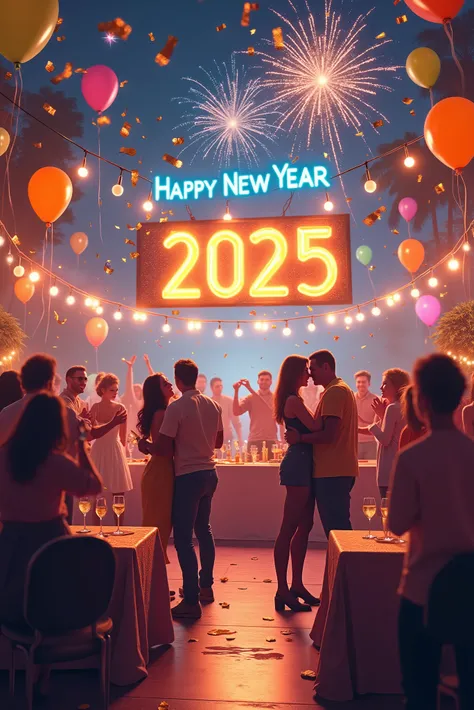 

"Create a vibrant and festive New Year 2025 celebration scene. The setting is decorated with colorful balloons, glittering streamers, and glowing fairy lights. A large Happy New Year 2025 banner hangs in the background with golden and silver confetti fal...