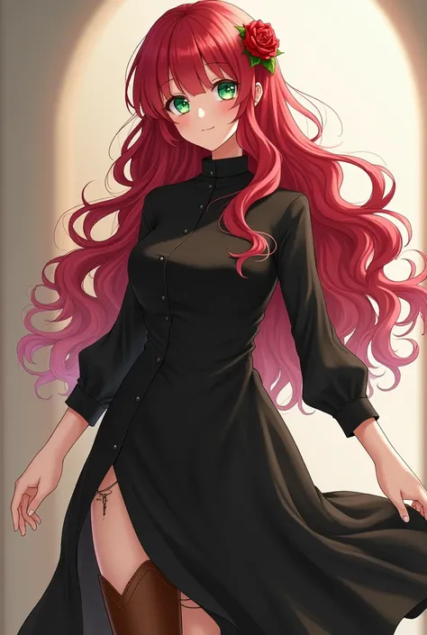 Cool anime female character with real long red hair and slight frizz, emerald green eyes and beautiful  ,  without bangs ,  slightly curly and loose hair  ,  with rose attached to her hair ,  , long black dress    ,  brown and tall cowboy boots  , and must...