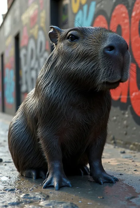 (masterpiece, ultra-realistic, 3D illustration, CGI), a **street art sculpture** of a **capybara crafted entirely from recycled tires**, depicted in stunning **detail and realism**. The tires are arranged meticulously to replicate the capybara’s natural fe...