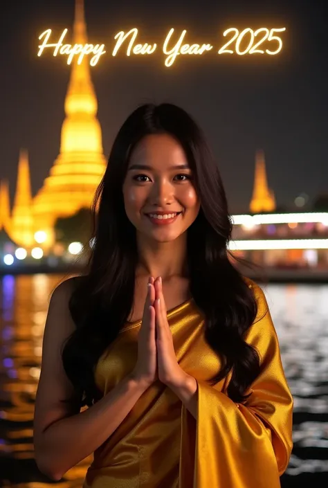 Prompt:
A stunning portrait of a woman wearing a traditional Thai golden sabai, her long black hair flowing gracefully as she performs a respectful wai gesture with both hands. She faces the viewer directly, her expression exuding warmth and gratitude. In ...