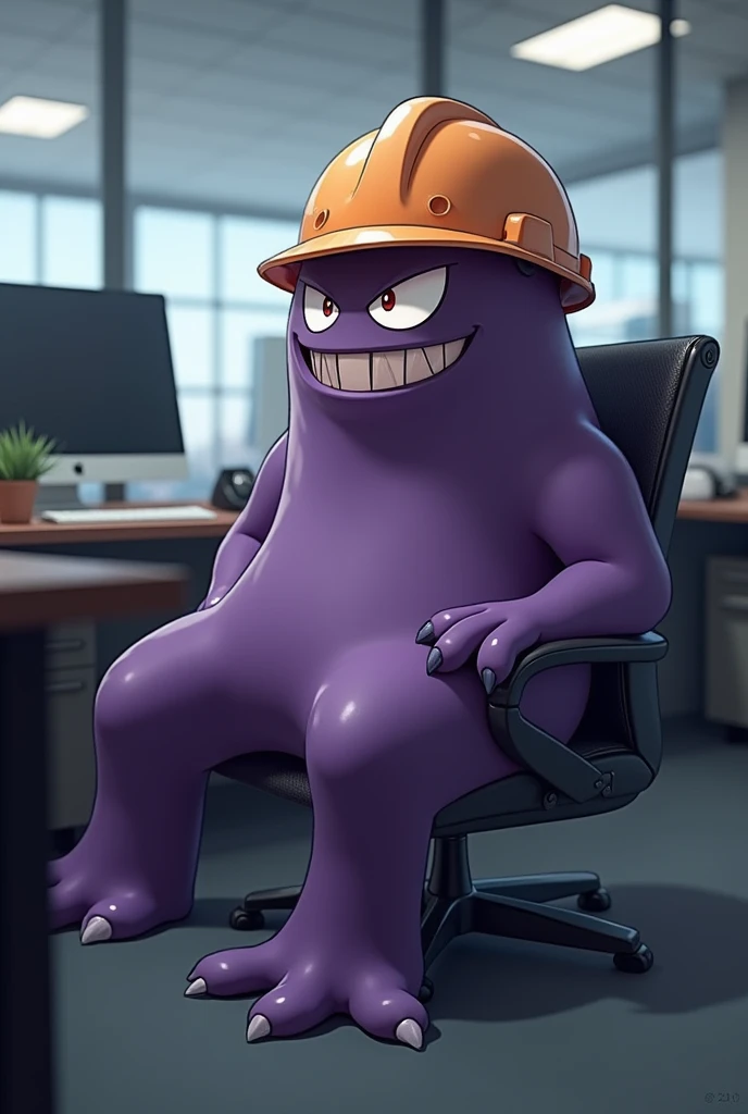 Gengar, purple,  with safety helmet, sitting, in office