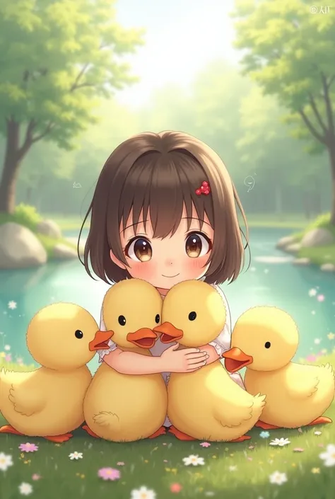 Anime pictures ,  girl, and the ducks again cuddle