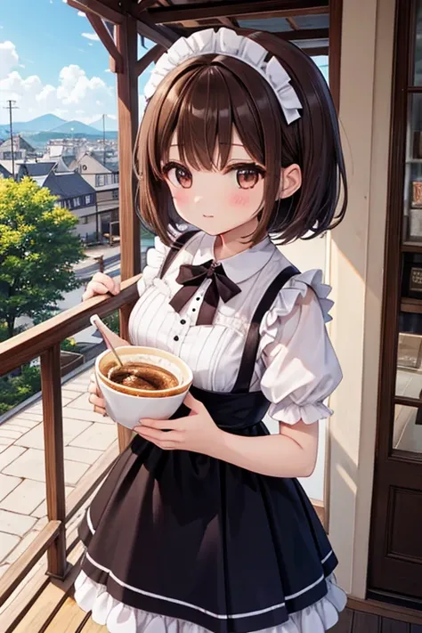  girl 、 brown hair、 bob hair、 maid clothes、 cafe terrace 、Carrying a parfait