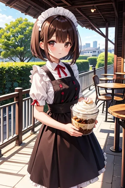  girl 、 brown hair、 bob hair、 maid clothes、 cafe terrace 、Carrying a parfait